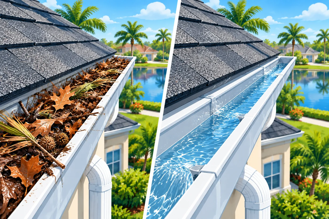 Illustration: gutter debris and cleaning at a Florida home near Ocoee